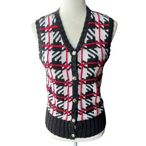 Vintage Red, White, & Black Patterned Knit Vest Petite Medium